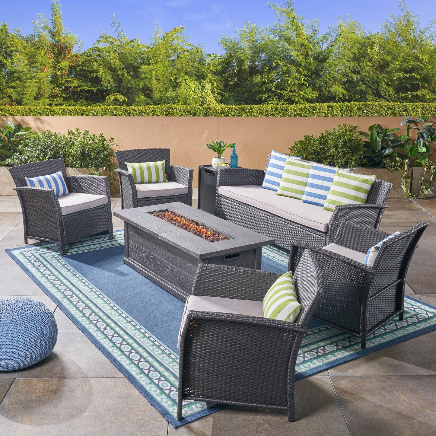 St. Lucia Outdoor 7 Seater Wicker Chat Set with Fire Pit by Christopher Knight Home