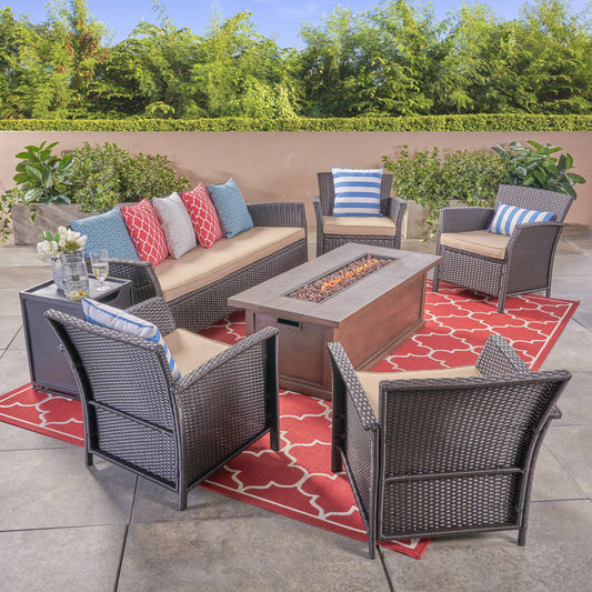 St. Lucia Outdoor 7 Seater Wicker Chat Set with Fire Pit by Christopher Knight Home