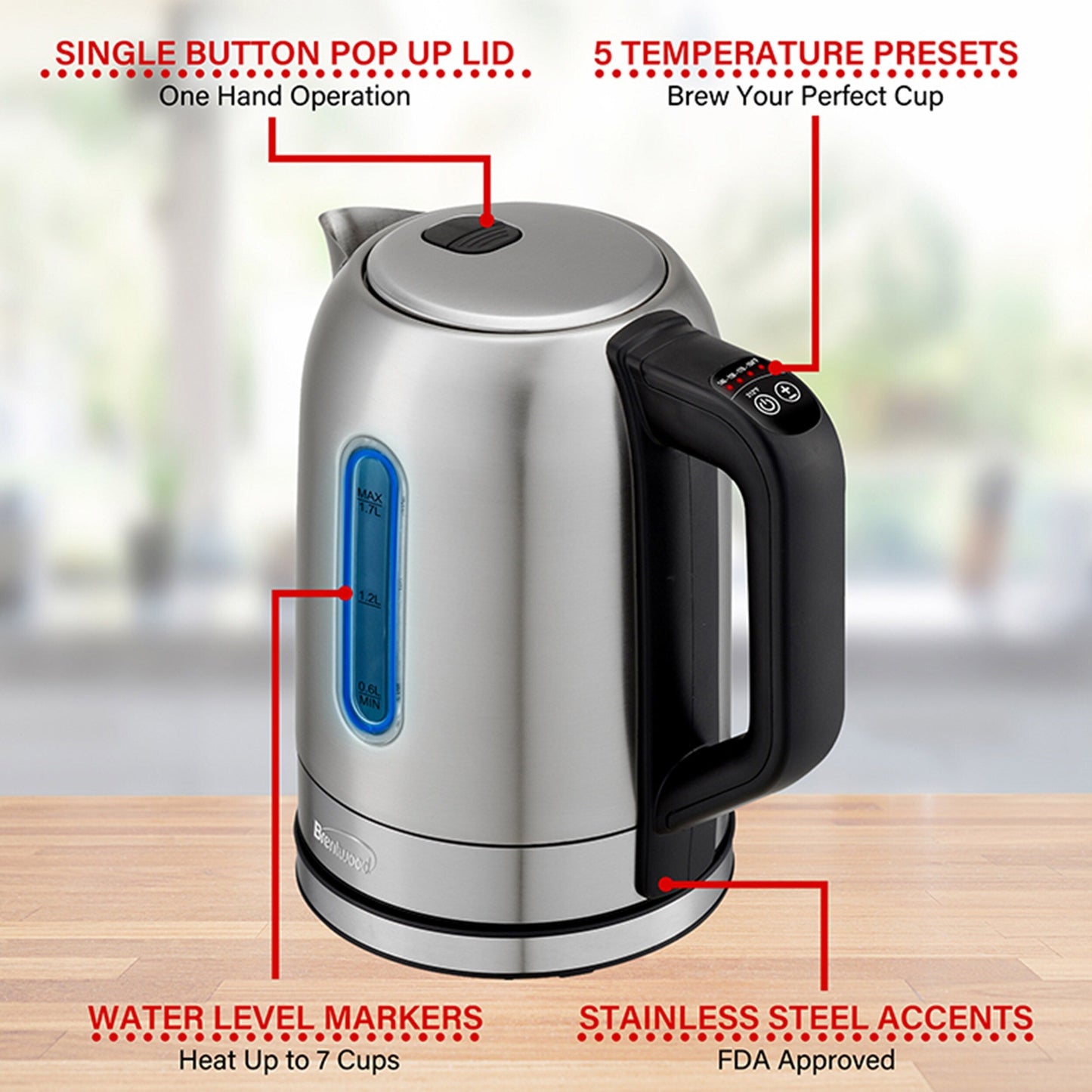 Stainless Steel 7.2 Cup Electric Kettle with 5 Presets