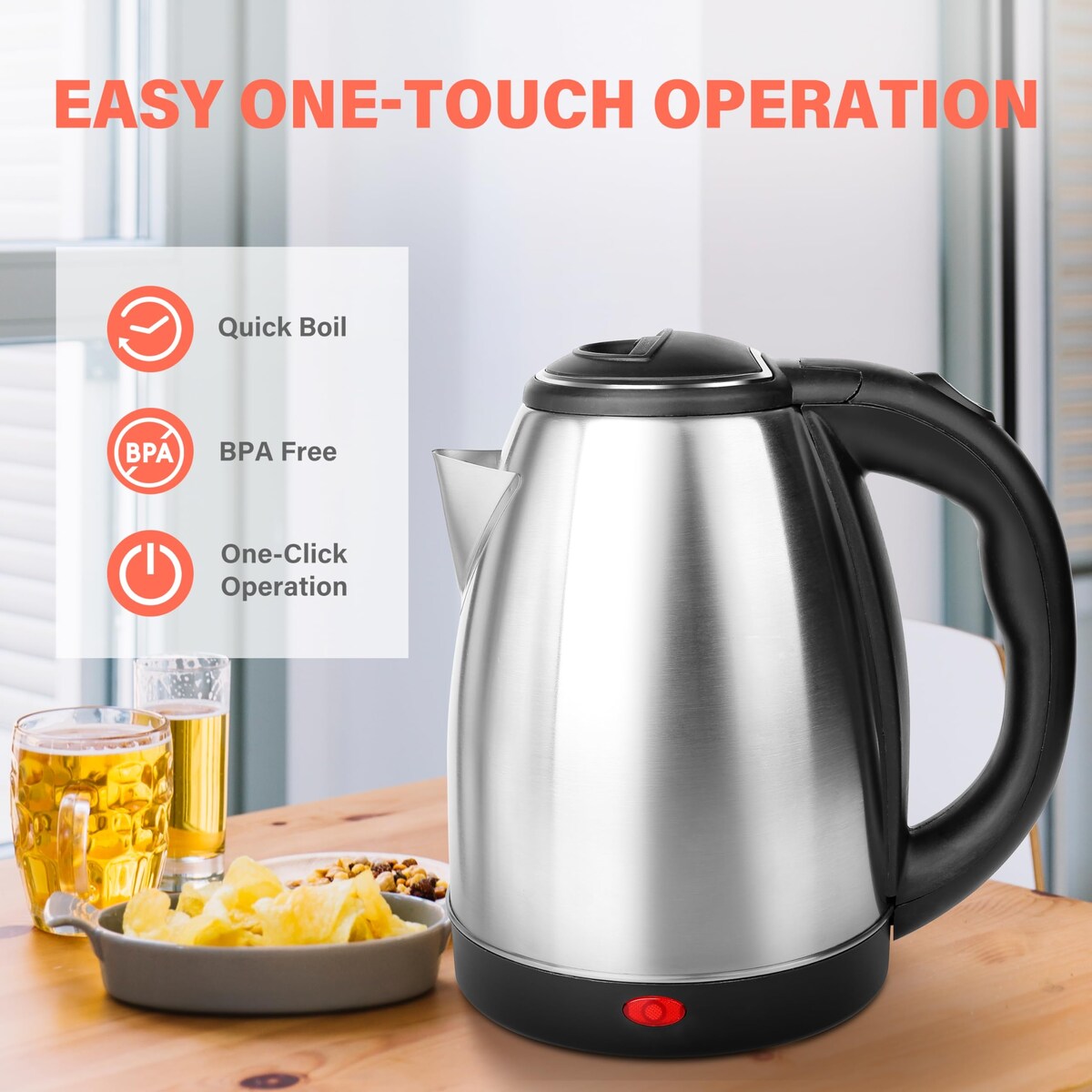 Stainless Steel Electric Tea Kettle, 1.7L Automatic Shut Off, 1000W, Silver (Black)