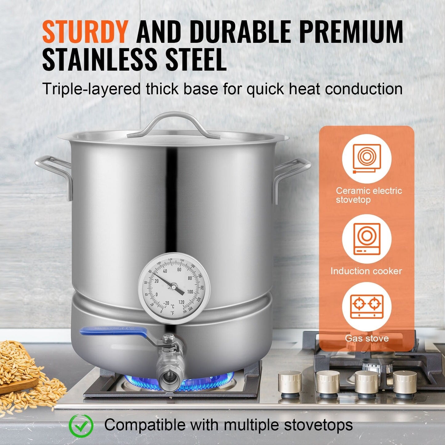 Stainless Steel Kettle, Brewing Pot, Tri Ply Bottom for Beer, Brew Kettle Pot, Home Brewing Supplies Includes Lid, Handle