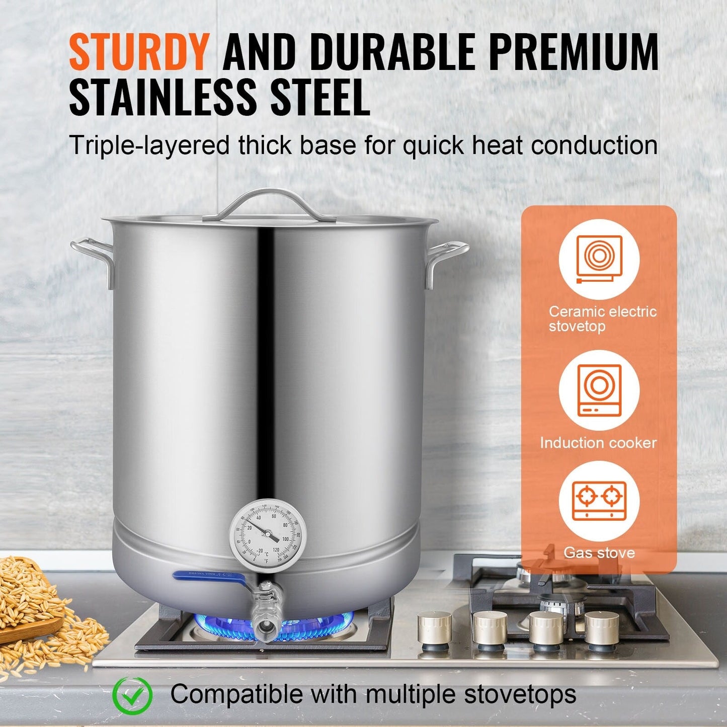 Stainless Steel Kettle, Brewing Pot, Tri Ply Bottom for Beer, Brew Kettle Pot, Home Brewing Supplies Includes Lid, Handle