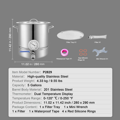 Stainless Steel Kettle, Brewing Pot, Tri Ply Bottom for Beer, Brew Kettle Pot, Home Brewing Supplies Includes Lid, Handle