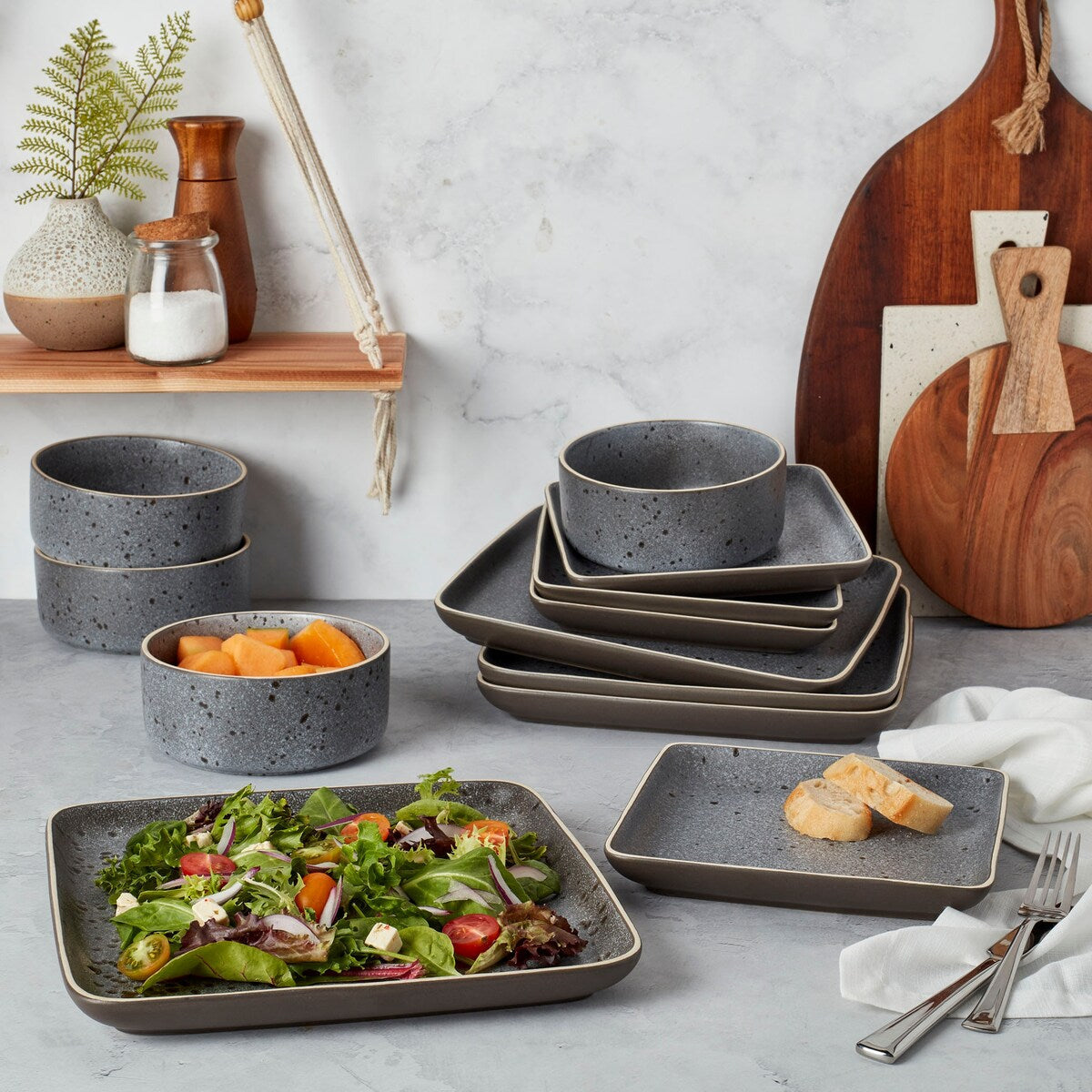 Tabletops Gallery 12PC Madison Grey Square Dinnerware Set