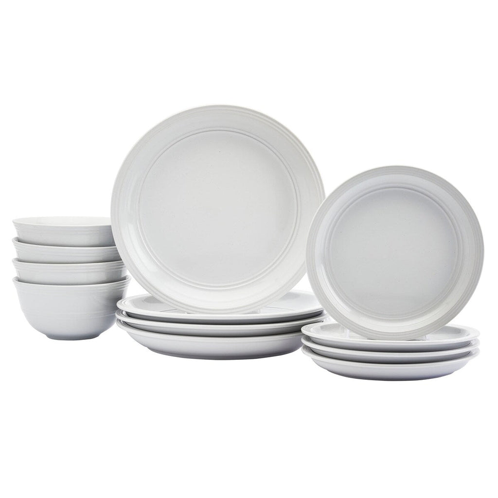 Tabletops Gallery Farmhouse 12 Piece White Stoneware Round Dinnerware Set- Service for 4