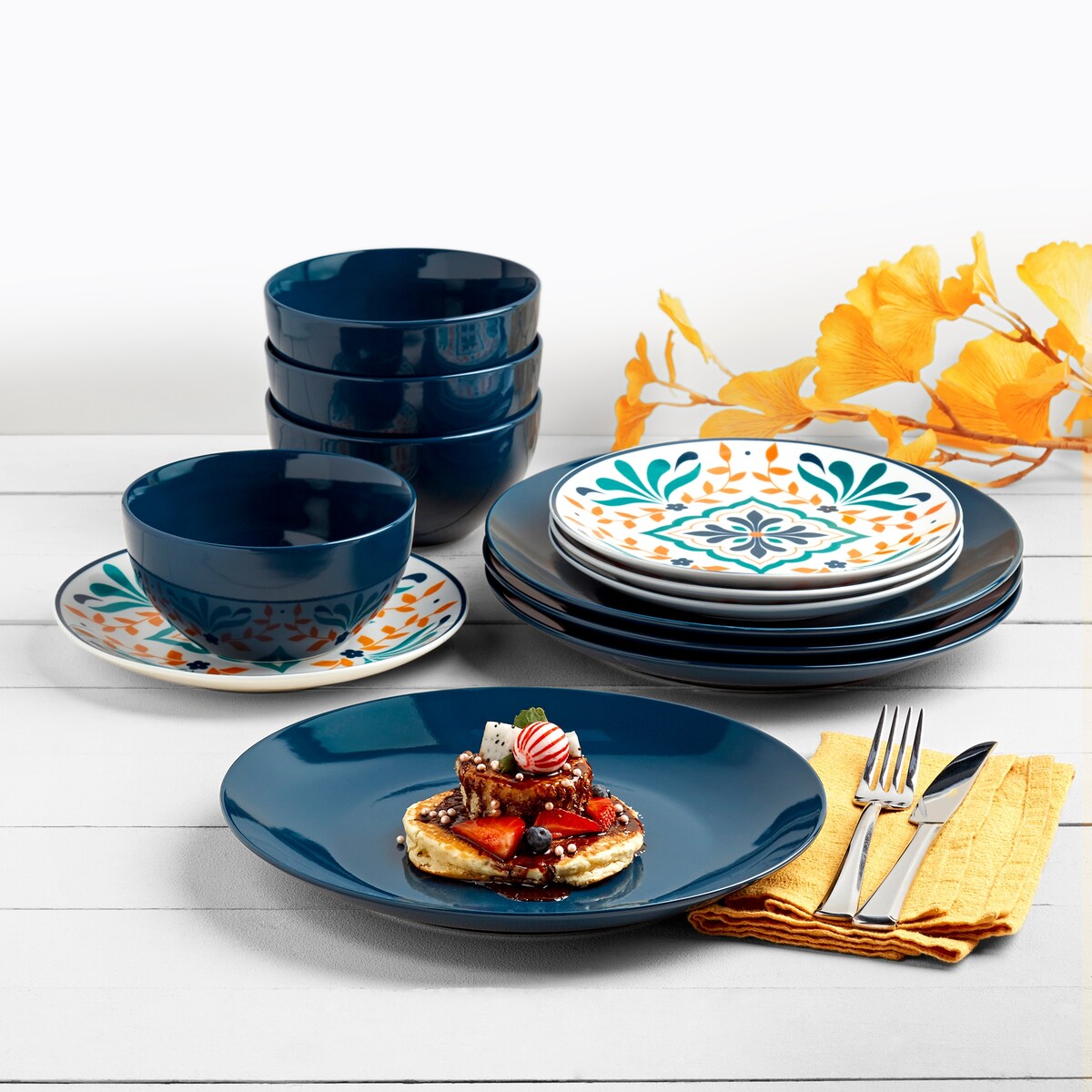 Tabletops Gallery Isabella 12 Piece Blue Porcelain Round Dinnerware Set- Service for 4