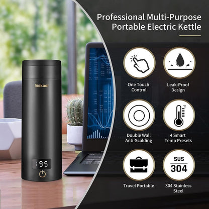 Travel Electric Tea Kettle Portable Small Mini Coffee Kettle, with 4 Variable Presets, Personal Water Boiler 304 Stainless Steel