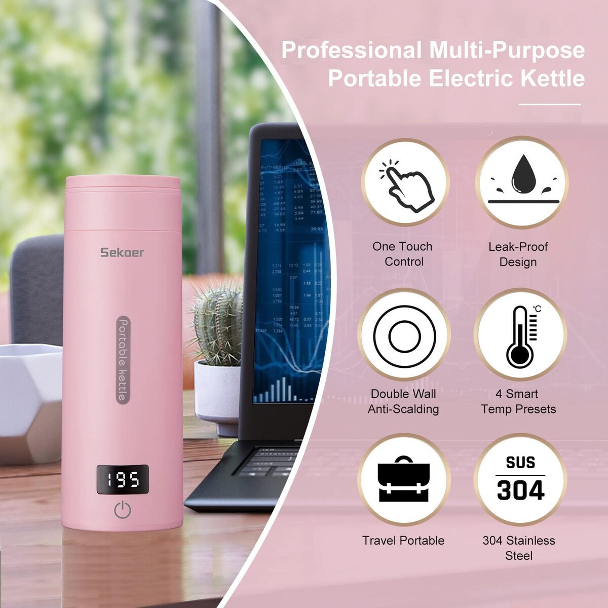 Travel Electric Tea Kettle Portable Small Mini Coffee Kettle, with 4 Variable Presets, Personal Water Boiler 304 Stainless Steel