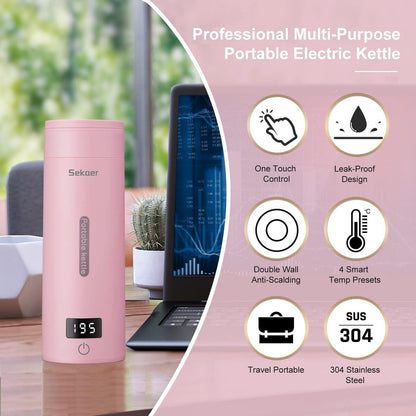 Travel Electric Tea Kettle Portable Small Mini Coffee Kettle, with 4 Variable Presets, Personal Water Boiler 304 Stainless Steel