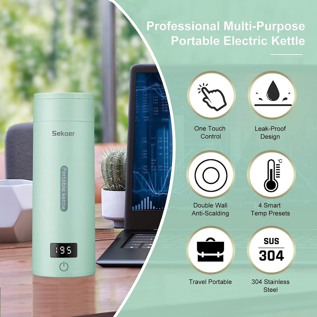 Travel Electric Tea Kettle Portable Small Mini Coffee Kettle, with 4 Variable Presets, Personal Water Boiler 304 Stainless Steel