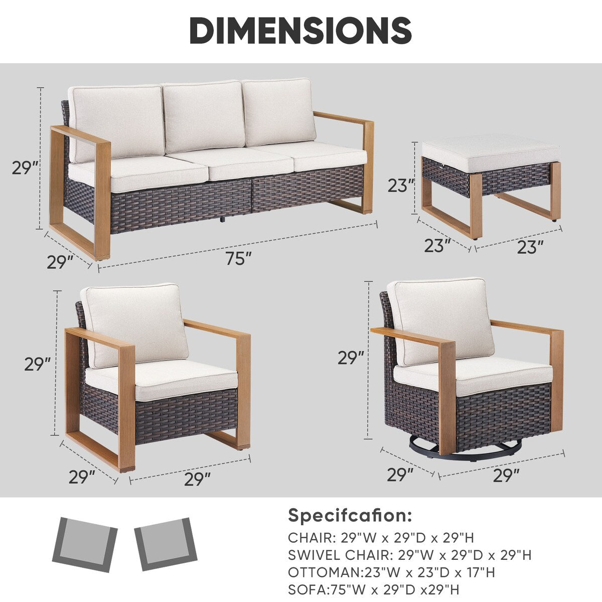 Wicker Sofa Rattan Swivel Chair with Club Chair and Ottoman - Brown