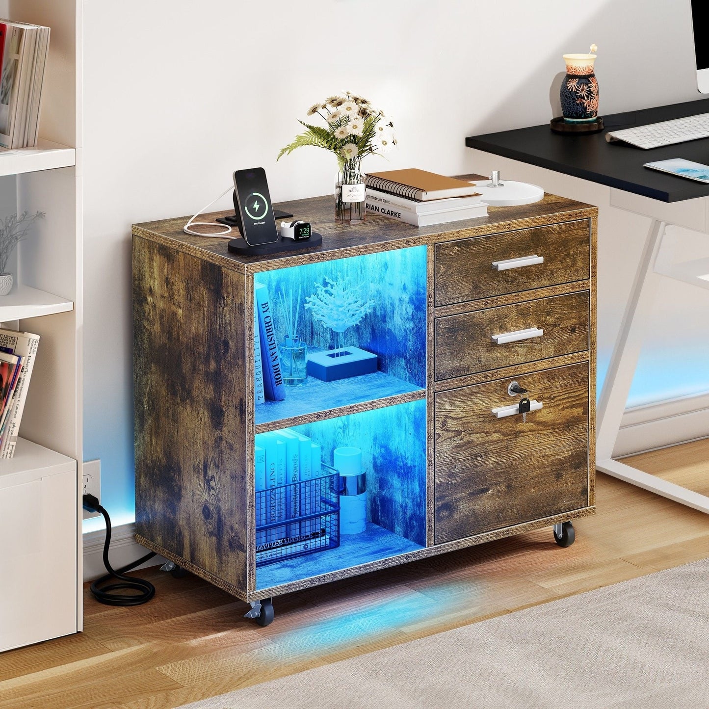 Wood File Cabinet with Charging Station Mobile Lateral Filing Cabinet Lockable Fits A4 Letter Legal Size Files