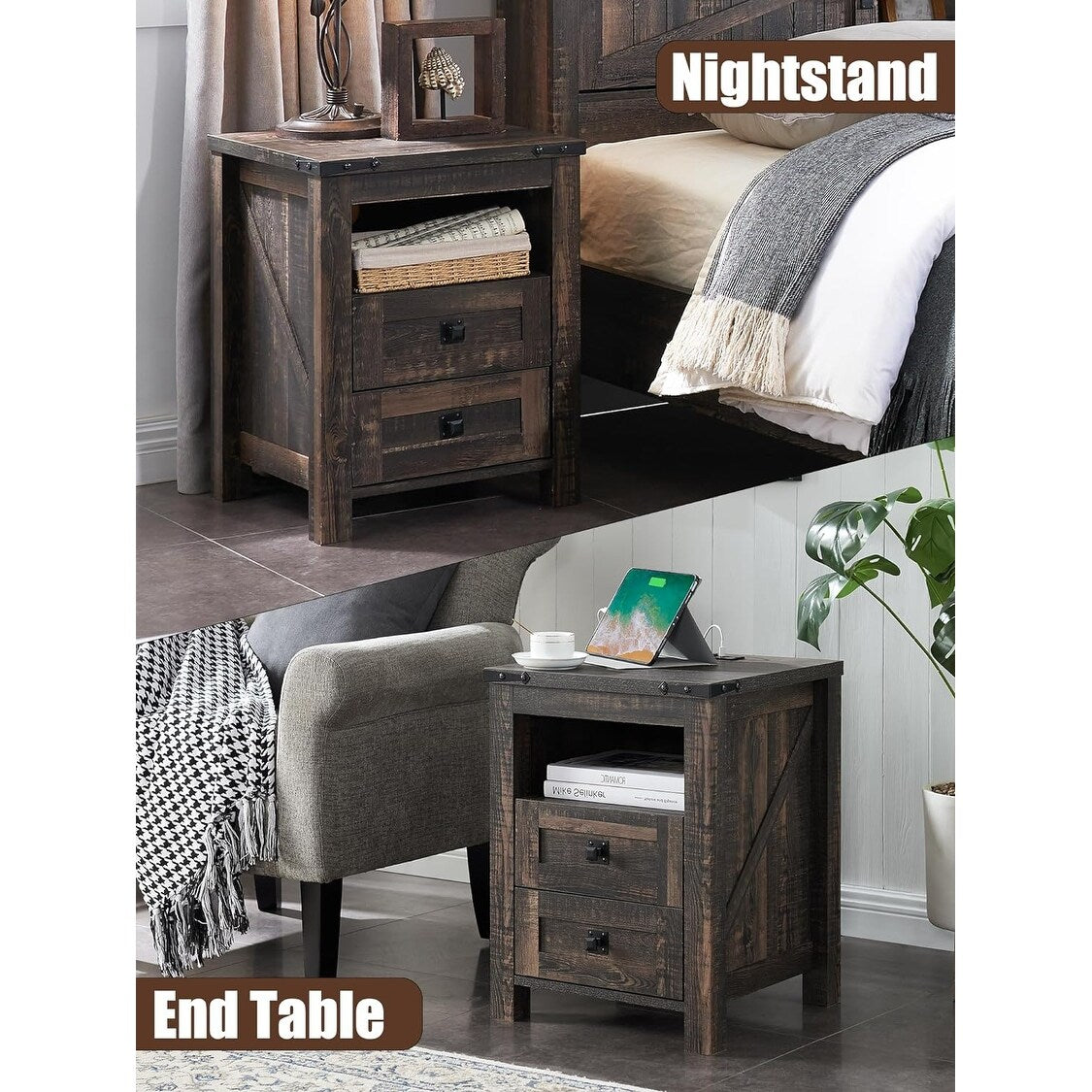 Farmhouse Nightstand with Charging Station, End Table, Side Table