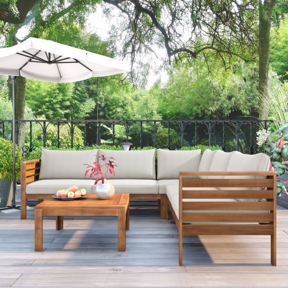 5-piece Modern Wooden Outdoor Sofa Set with Water-resistant Cushions