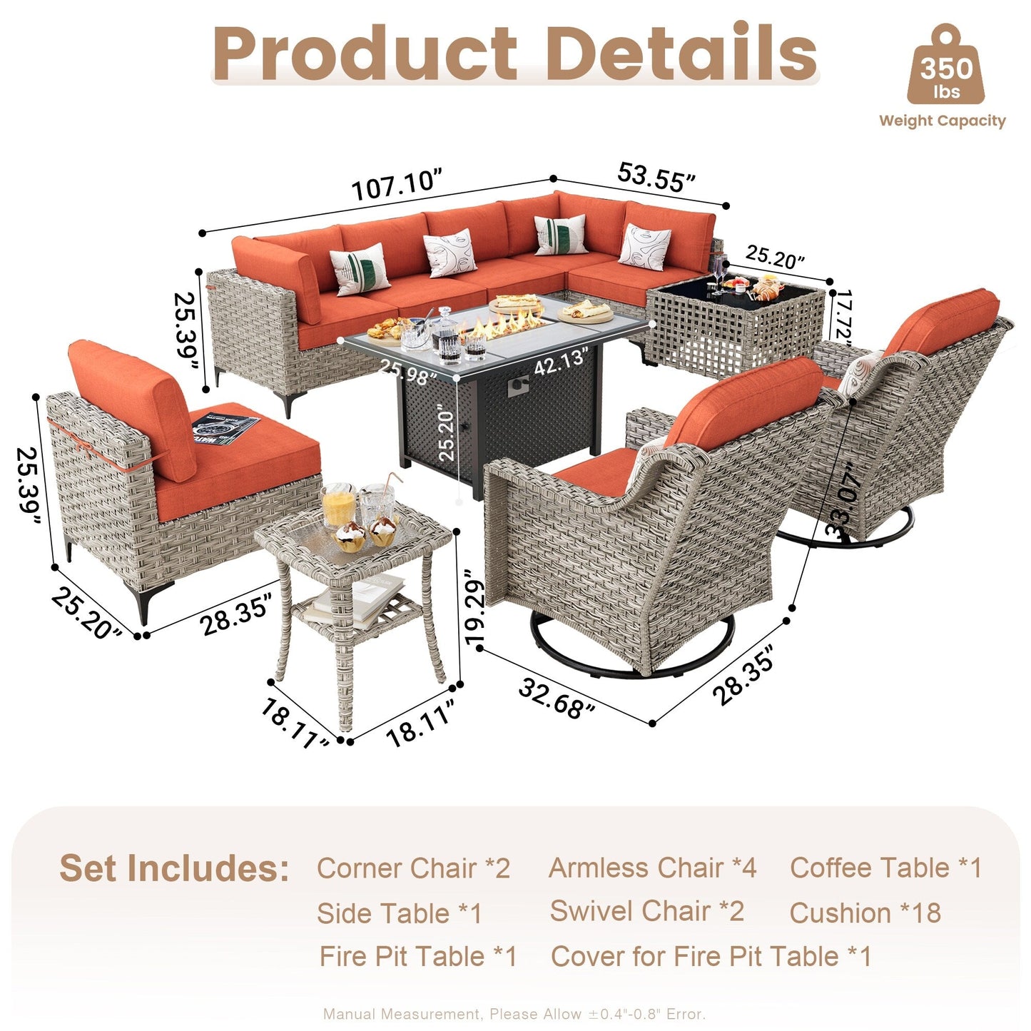 XIZZI 11-piece Patio Rattan Wicker Furniture Set with Fire Pit Table