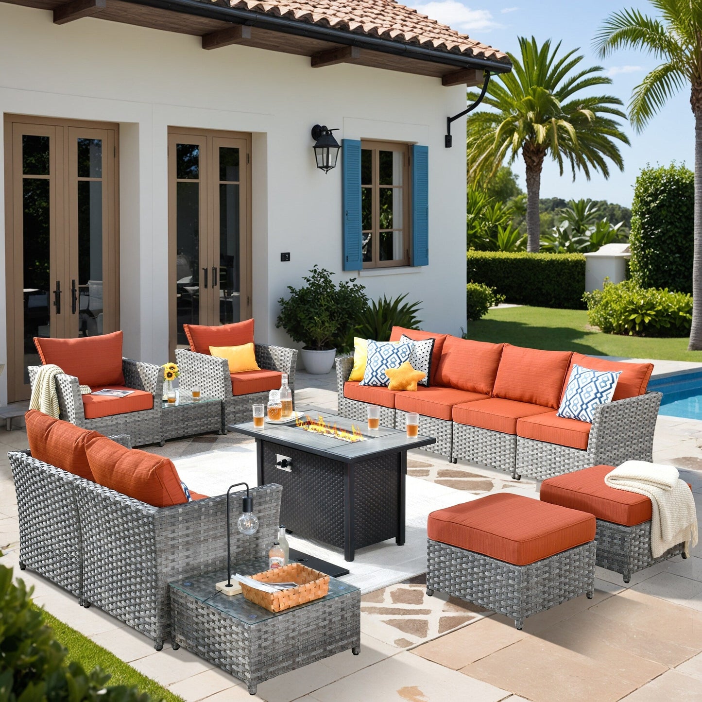 XIZZI 13-piece Outdoor Patio Wicker Furniture Set with Fire Table