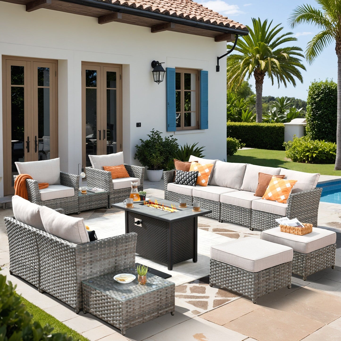 XIZZI 13-piece Outdoor Patio Wicker Furniture Set with Fire Table