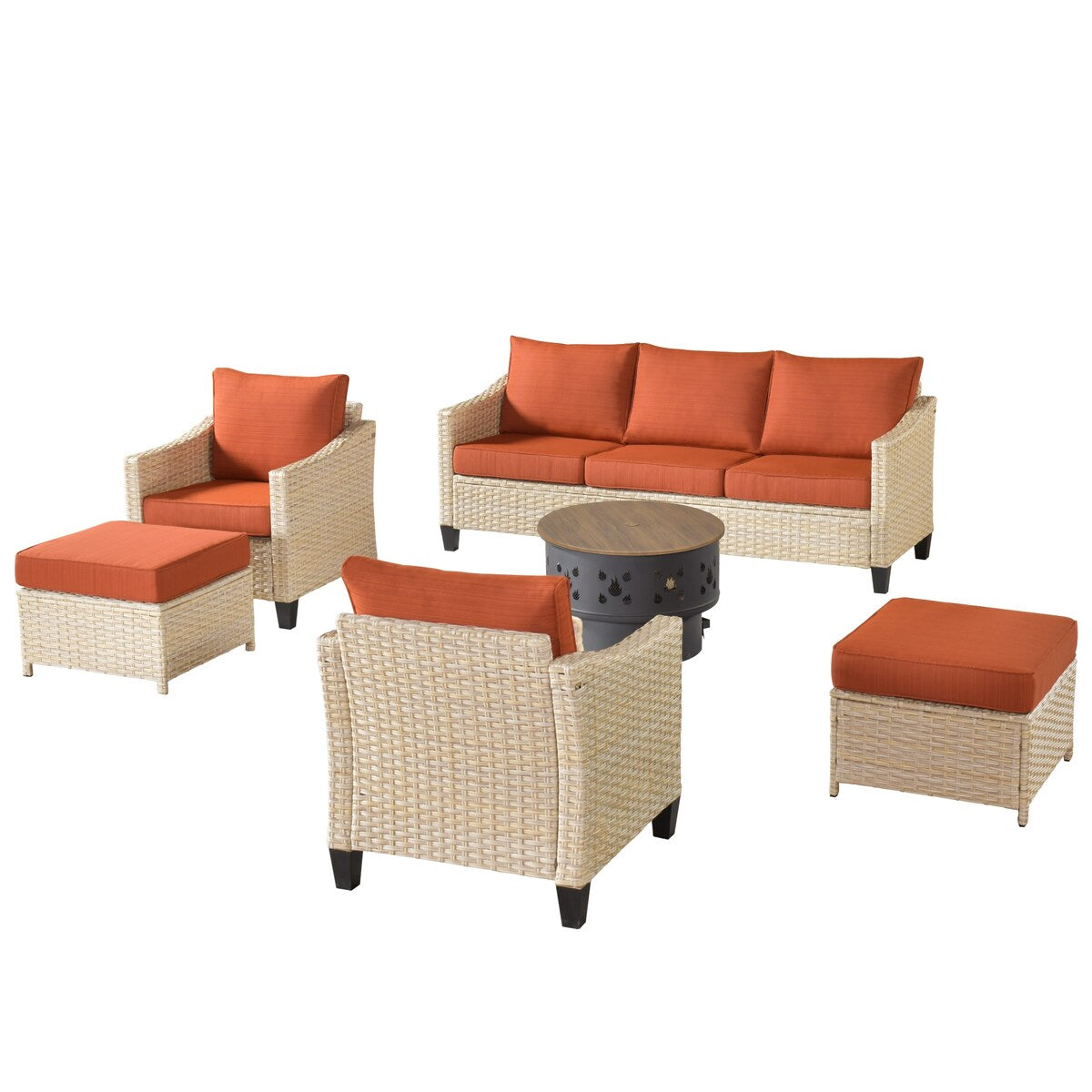 XIZZI 6-piece Patio Wicker Furniture with Wood Burning Fire Pit
