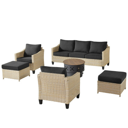 XIZZI 6-piece Patio Wicker Furniture with Wood Burning Fire Pit