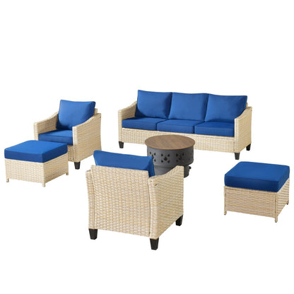 XIZZI 6-piece Patio Wicker Furniture with Wood Burning Fire Pit