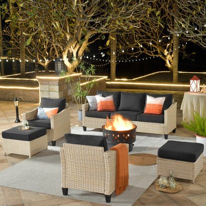 XIZZI 6-piece Patio Wicker Furniture with Wood Burning Fire Pit