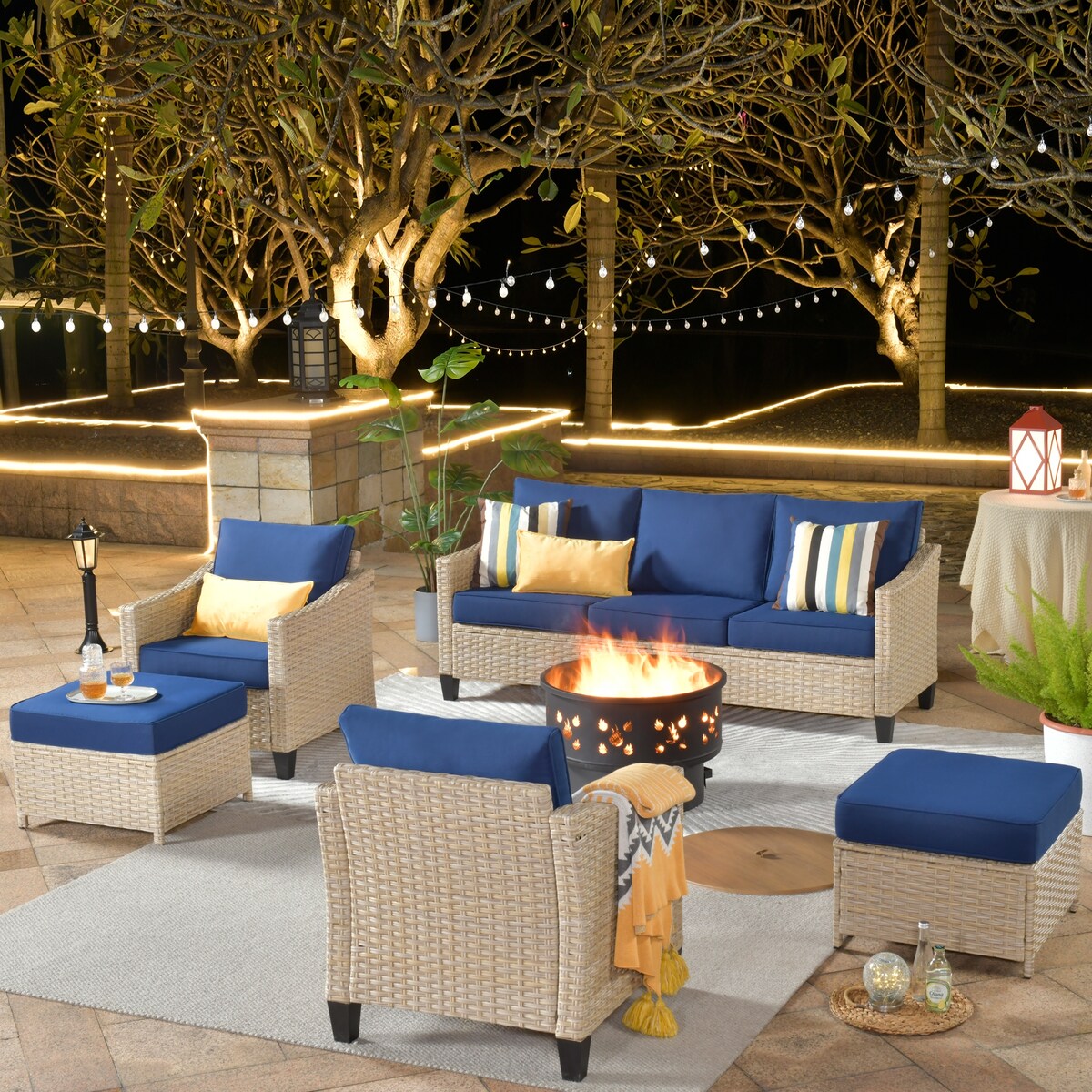 XIZZI 6-piece Patio Wicker Furniture with Wood Burning Fire Pit