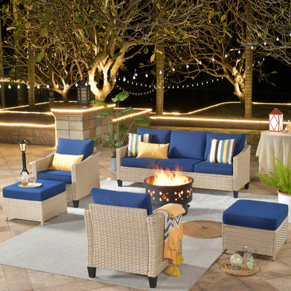 XIZZI 6-piece Patio Wicker Furniture with Wood Burning Fire Pit