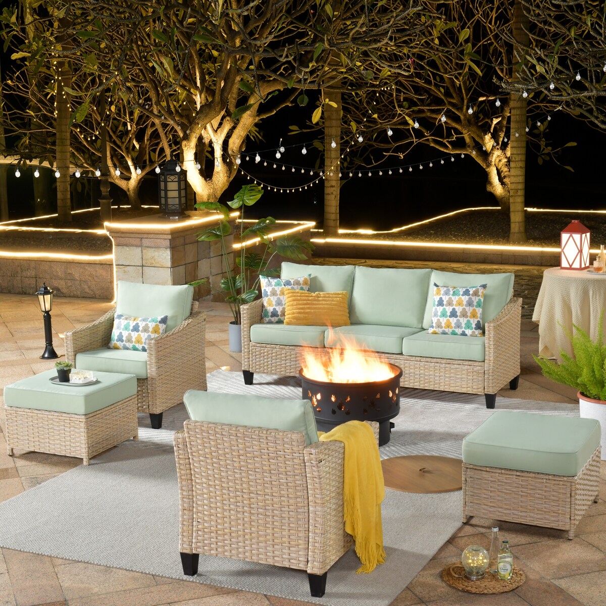 XIZZI 6-piece Patio Wicker Furniture with Wood Burning Fire Pit