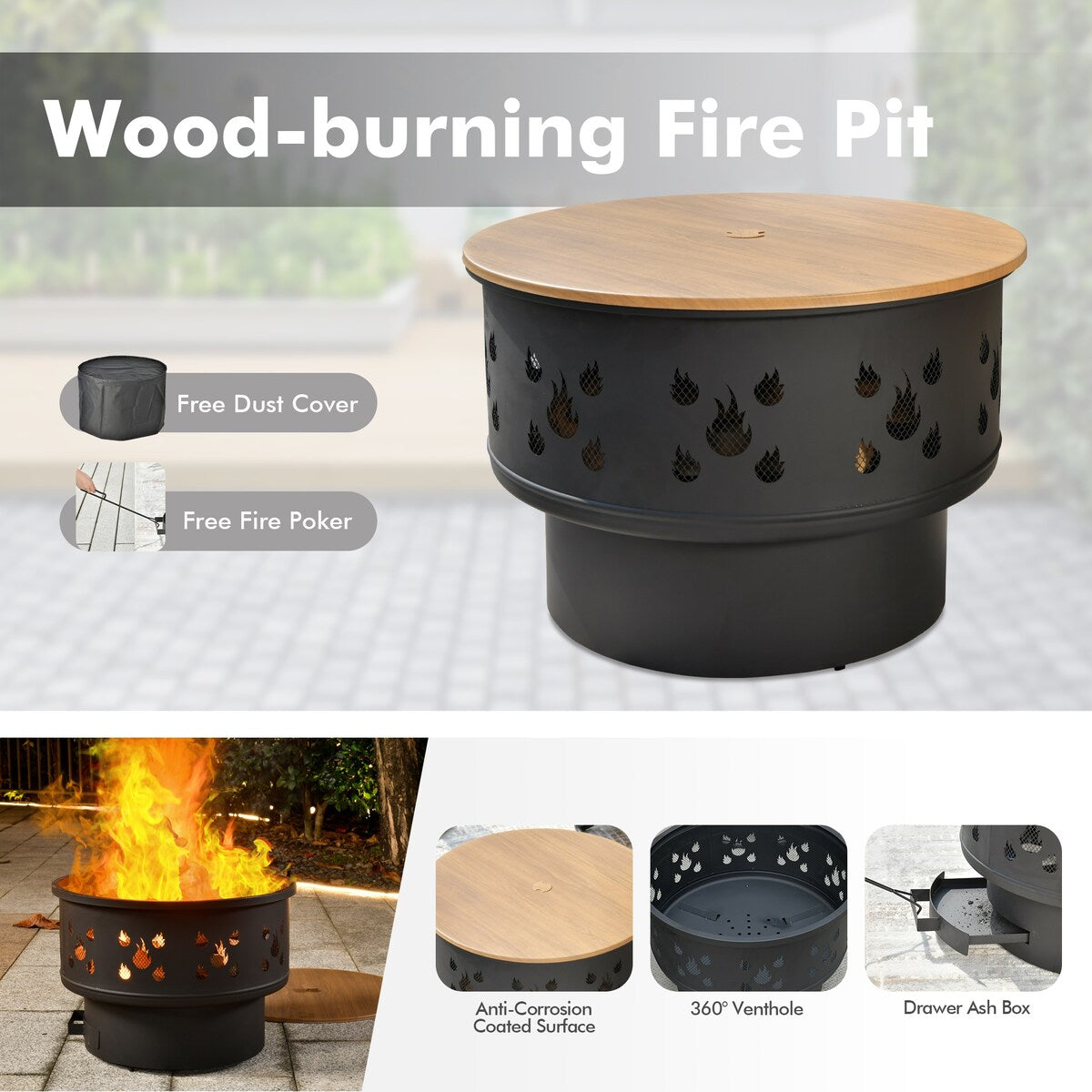 XIZZI 6-piece Patio Wicker Furniture with Wood Burning Fire Pit