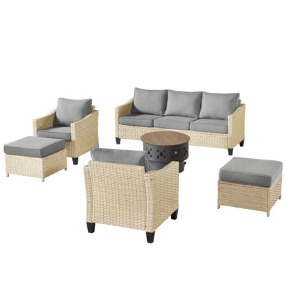 XIZZI 6-piece Patio Wicker Furniture with Wood Burning Fire Pit