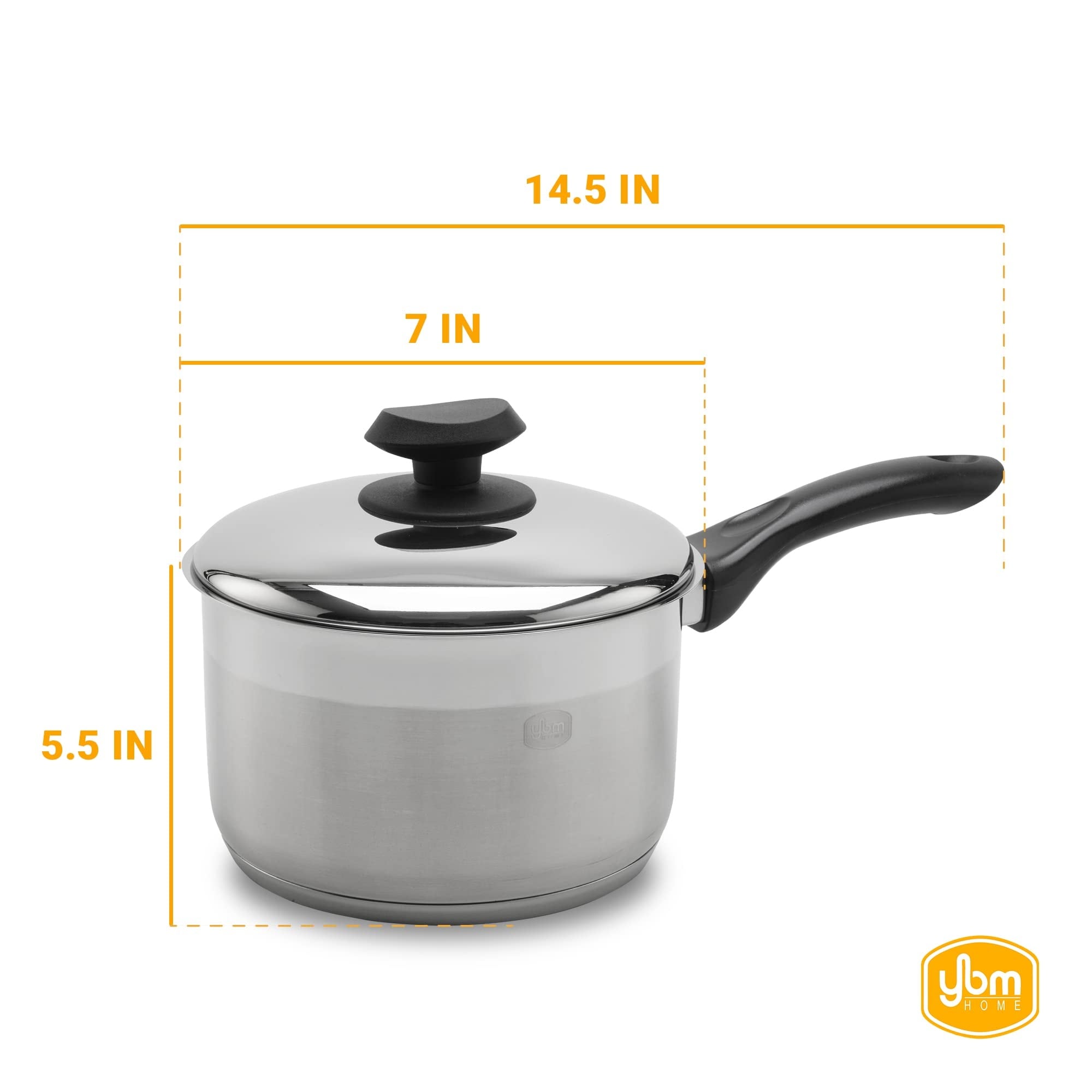 YBM Home Professional Chef’s 18/10 Stainless Steel Sauce Pot Covered Tri-Ply Capsule Base With Handle, Induction Compatible
