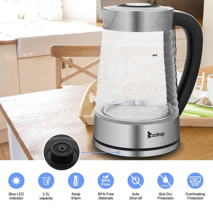 ZOKOP 0.58Gal 1200W High Borosilicate Glass Electric Kettle with Electronic Handle