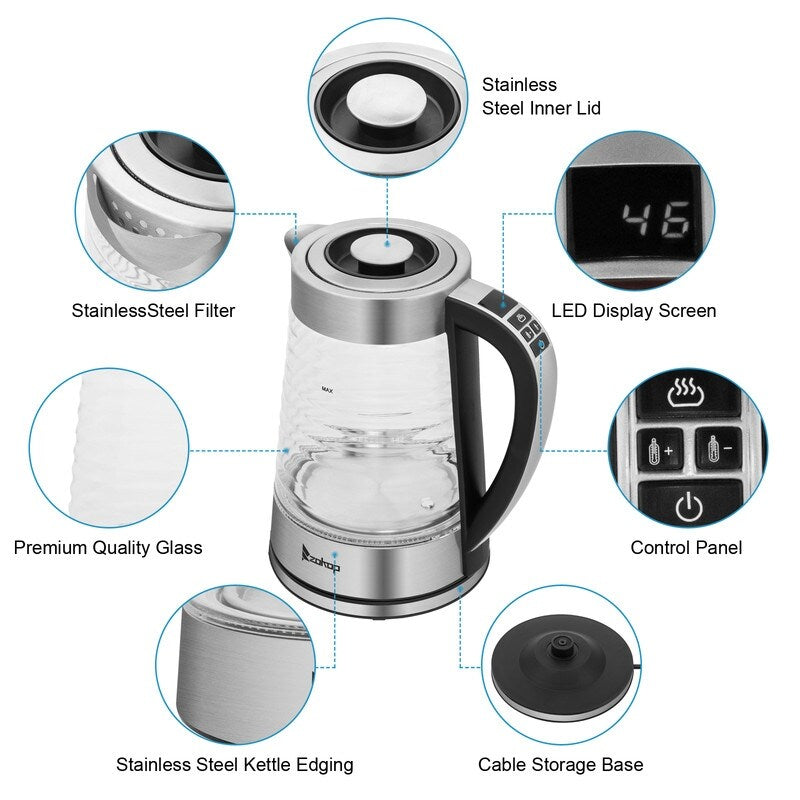 ZOKOP 0.58Gal 1200W High Borosilicate Glass Electric Kettle with Electronic Handle
