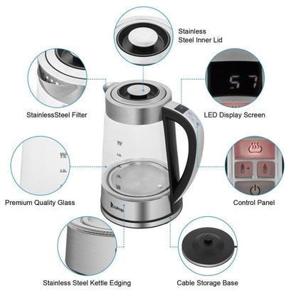 ZOKOP 0.58Gal 1200W Stainless Steel Glass Electric Kettle with Electronic Handle